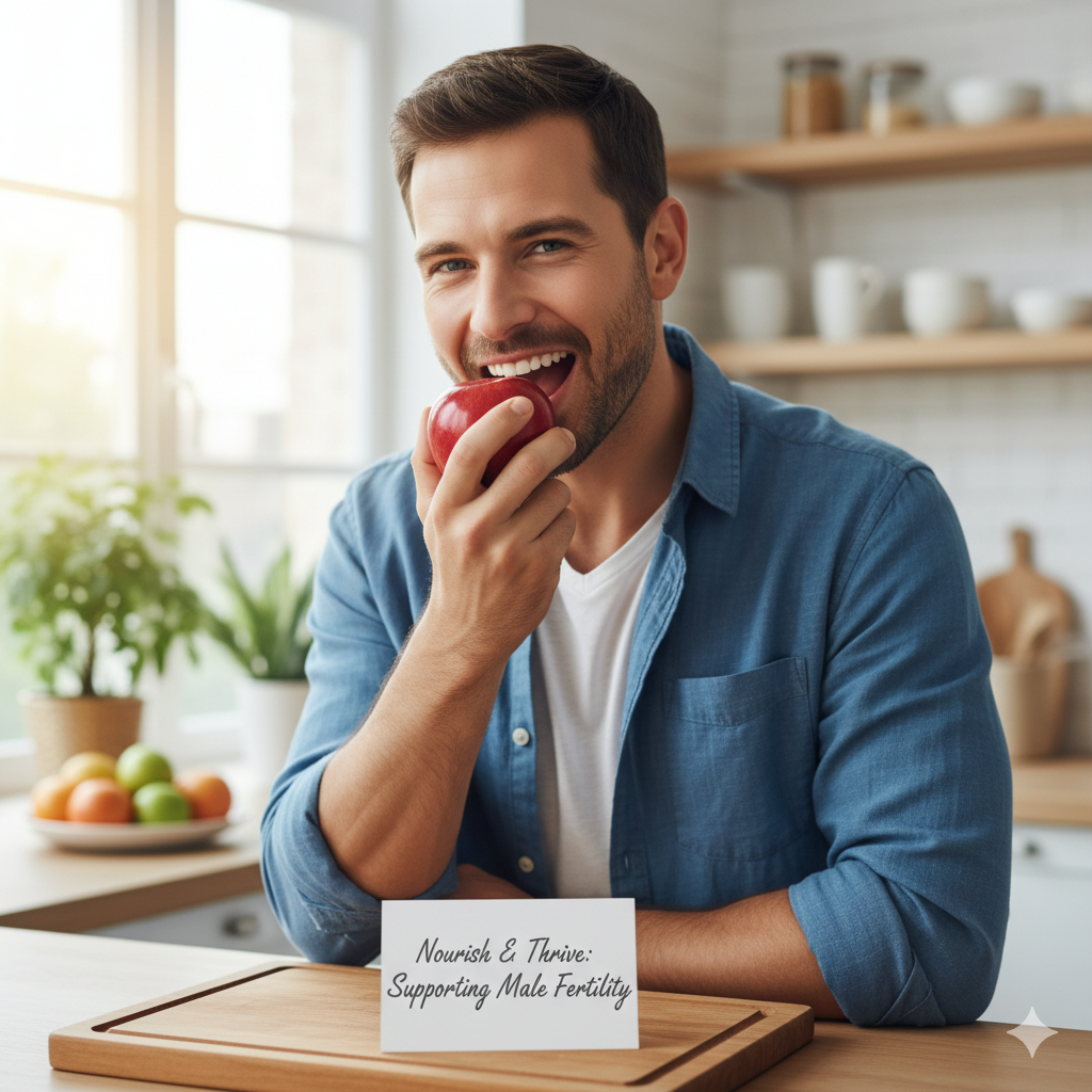 A healthy man eating an apple, representing male fertility health.