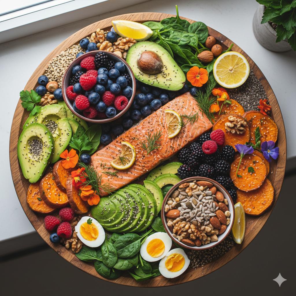 A colorful platter of fertility-boosting foods like salmon, avocado, and berries.